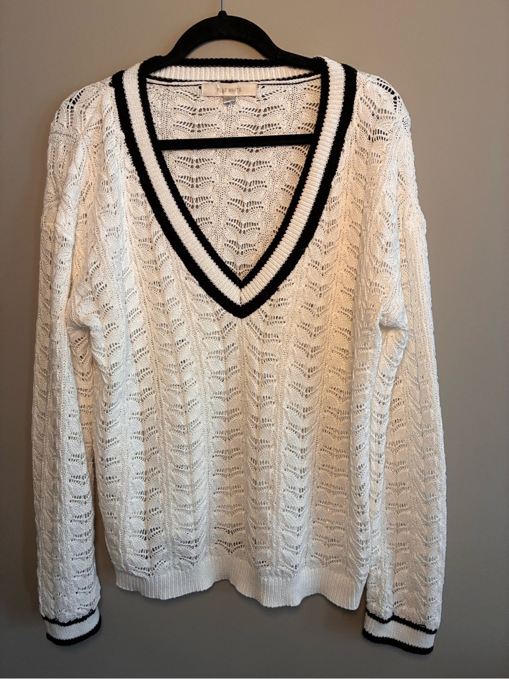 Open-Knit V-Neck Sweater with Black Contrast Trim - White